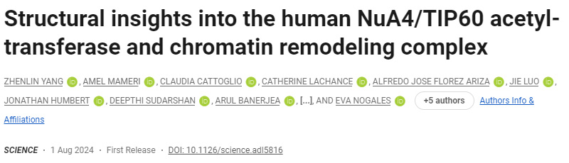 人类NuA4/TIP60乙酰转移酶和染色质重塑复合物的结构见解