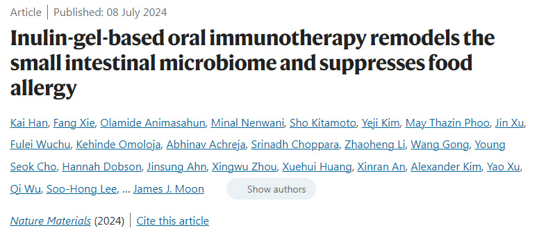 基于菊粉凝胶的口服免疫疗法重塑小肠微生物群并抑制食物过敏